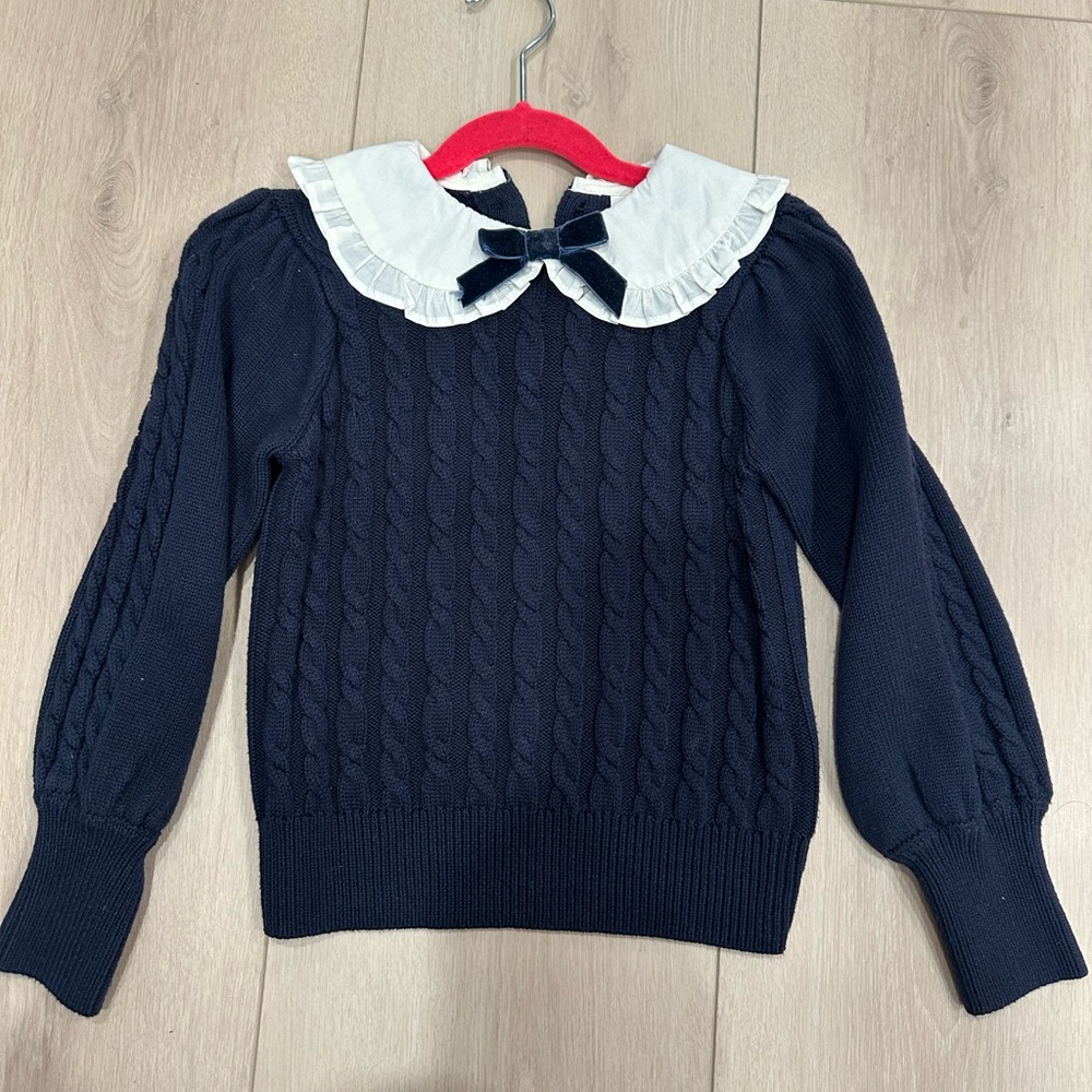 Janie and Jack Navy Cable-Knit Sweater with White Ruffled Collar